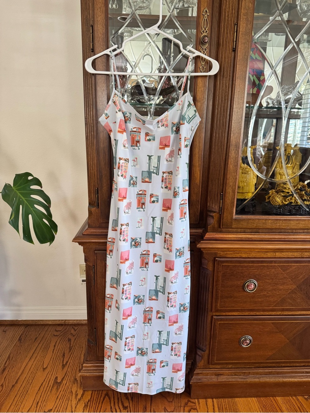 Abercrombie & Fitch White Slip Dress with Coral and Teal Scenic Print